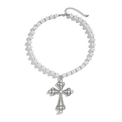Luckacco Ingemark Vintage Creative Big Imitation Pearl Jesus Cross Pendant Choker Necklace for Men Luxury Adjustable Chain Grunge Jewelry