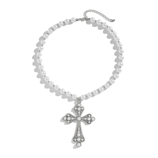 Luckacco Ingemark Vintage Creative Big Imitation Pearl Jesus Cross Pendant Choker Necklace for Men Luxury Adjustable Chain Grunge Jewelry