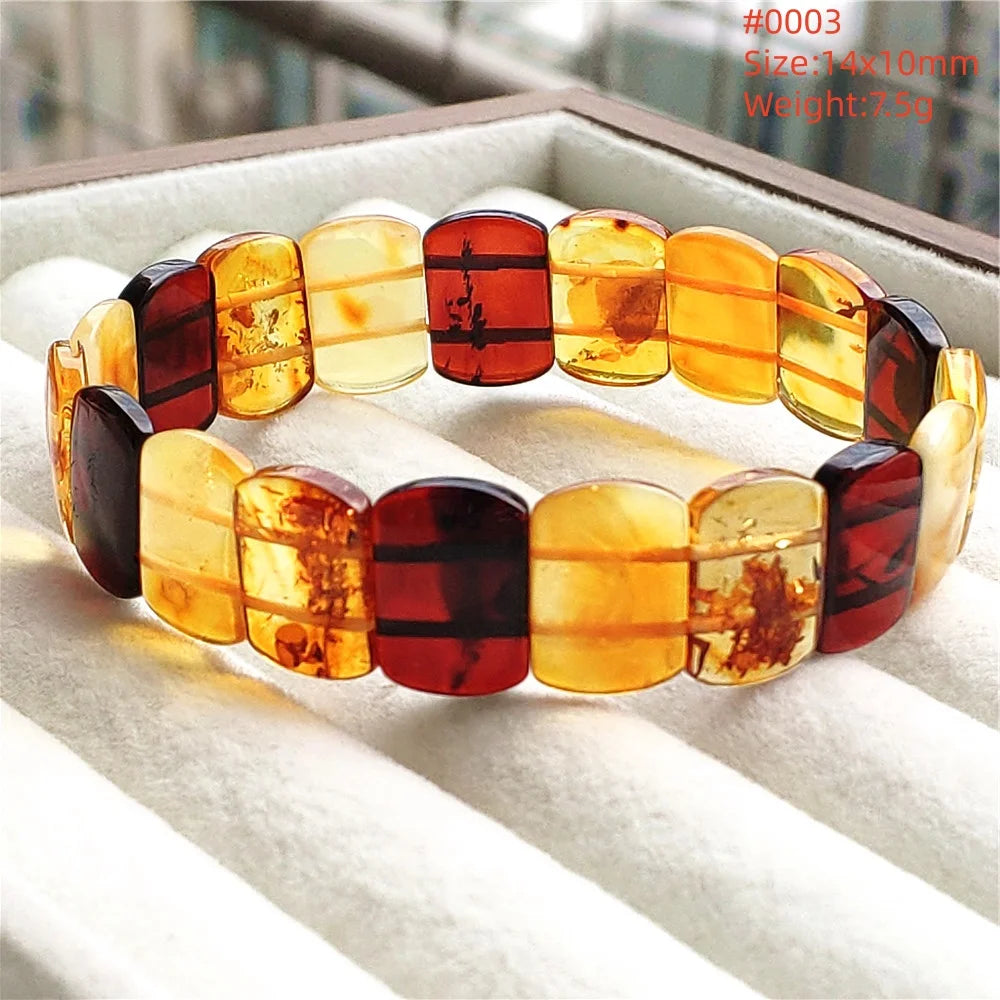 luckacco natural piebald amber bracelet rectangle beads blood red yellow flower amber women men healing stretch jewelry aaaaa