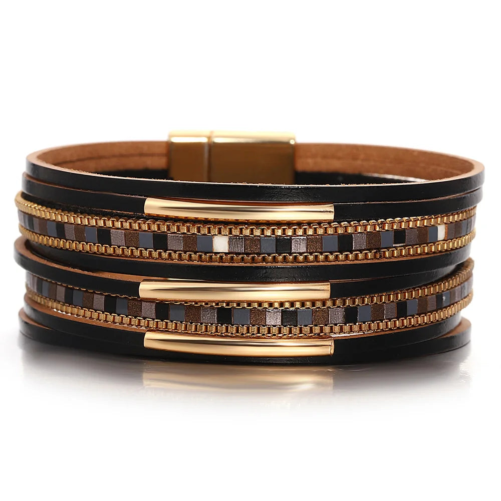 luckacco allyes trendy colorful square leather bracelet for women men boho metal tube multilayer wrap wide bracelets charm party jewelry