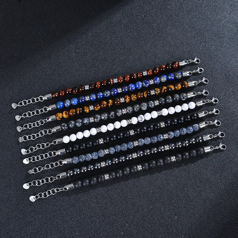 luckacco 8mm natural stone lapis lazuli beaded bracelet adjustable stainless steel chain bracelet for men women handmade jewelry gifts