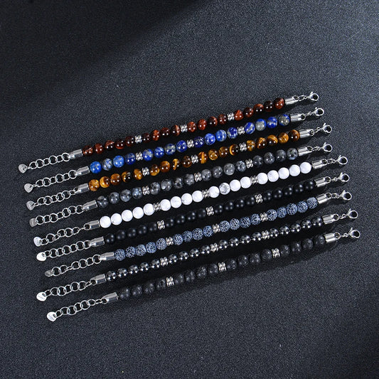 Luckacco 8mm Natural Stone Lapis Lazuli Beaded Bracelet Adjustable Stainless Steel Chain Bracelet for Men Women Handmade Jewelry Gifts