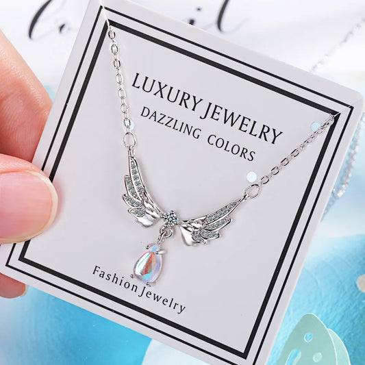 Luckacco 925 Sterling Silver Jewelry Wing Water Drop Crystal Chain Necklaces With Pendant For Women Elegant Accessories
