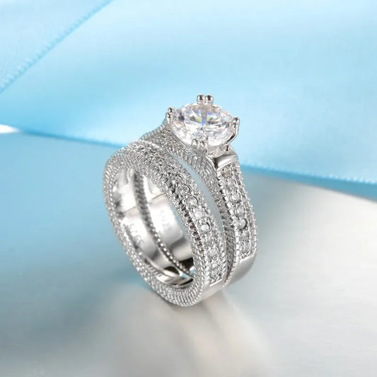 Luckacco Elegant Wedding Engagement Couple Rings Set 925 Sterling Silver Color Anniversary Accessory With Full Shiny Cubiz Zircon Stone
