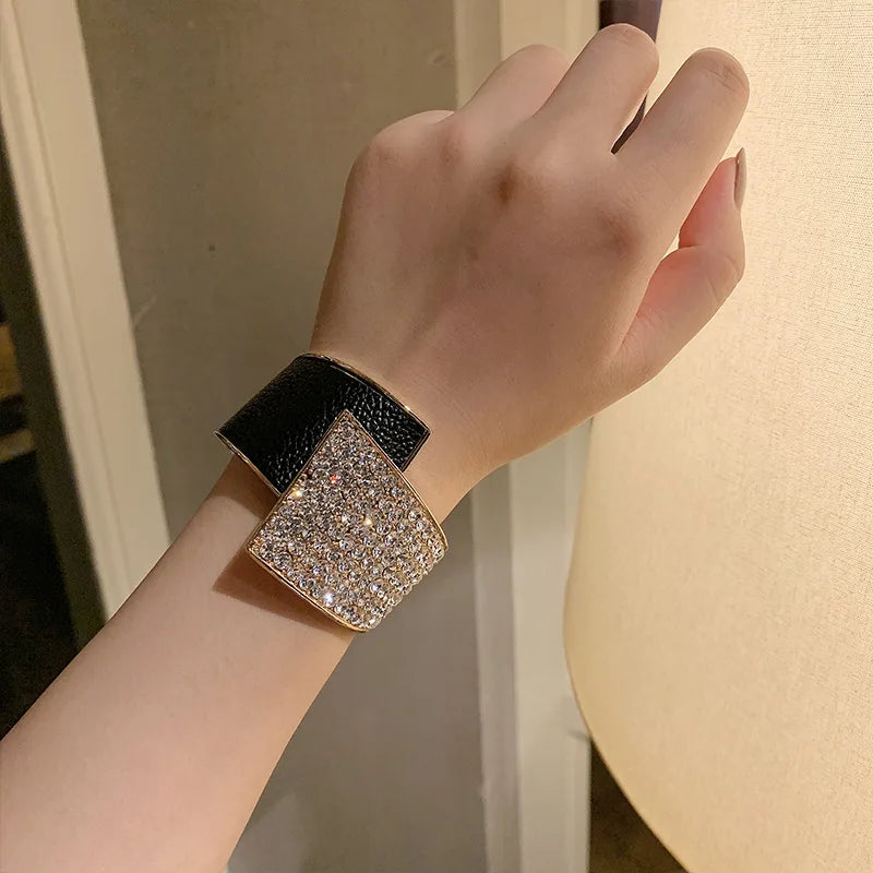 luckacco new diamond inlaid leather alloy elastic bracelet for women, fashionable and high-end, full diamond bracelet