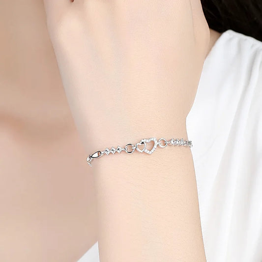 Luckacco New 925 Sterling Silver Bracelet Purple Crystal Zircon Heart For Woman Charm Bracelet Jewelry Gift