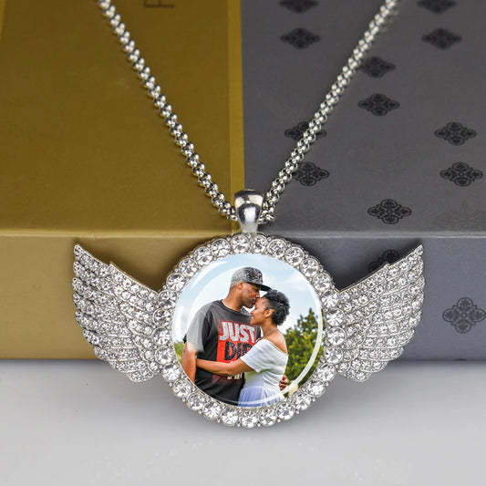 Luckacco Custom Necklace Personalized Photo Picture Angel Wings Rhinestone Pendant Chains Necklaces Creative Fashion Hip Hop Jewelry Gift