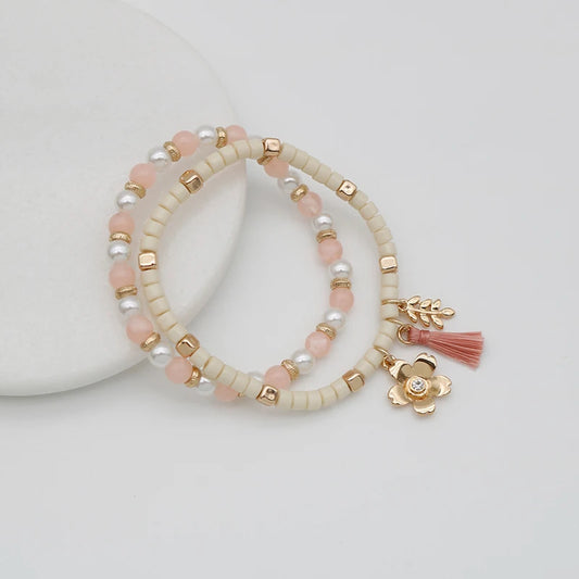 Luckacco Beaded Cute Bracelets Set For Women Pink Cream Tassel Leaf Flower Sweet Romantic Stretch Trendy Fashion Jewelry Gifts 2021113