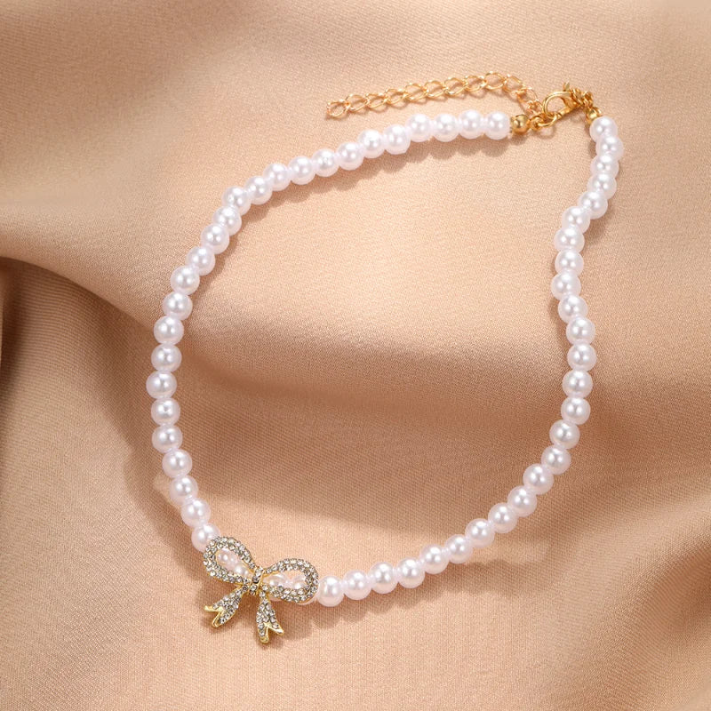luckacco y2k bowknot pearl necklace for women elegant korean style rhinestone heart pendant necklace fashion wedding party jewelry gift