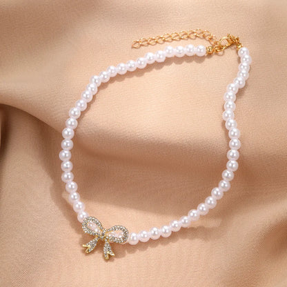 Luckacco Y2k Bowknot Pearl Necklace For Women Elegant Korean Style Rhinestone Heart Pendant Necklace Fashion Wedding Party Jewelry Gift