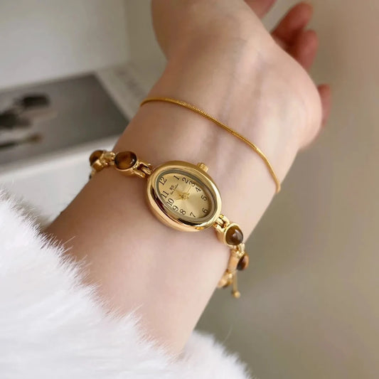 Luckacco Luxury Vintage Quartz Women's Watches Fashion Natural Green Jade Bracelet Clock Numerals Small Oval Dial Watch Woman Accesories