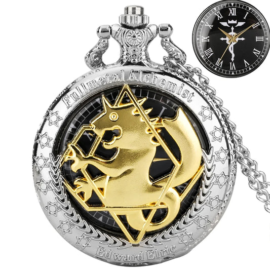Luckacco Antique Fullmetal Alchemist Quartz Anime Pocket Watch Cosplay Edward Elric Clock Design Pendant Necklace Chain Vintage Chain