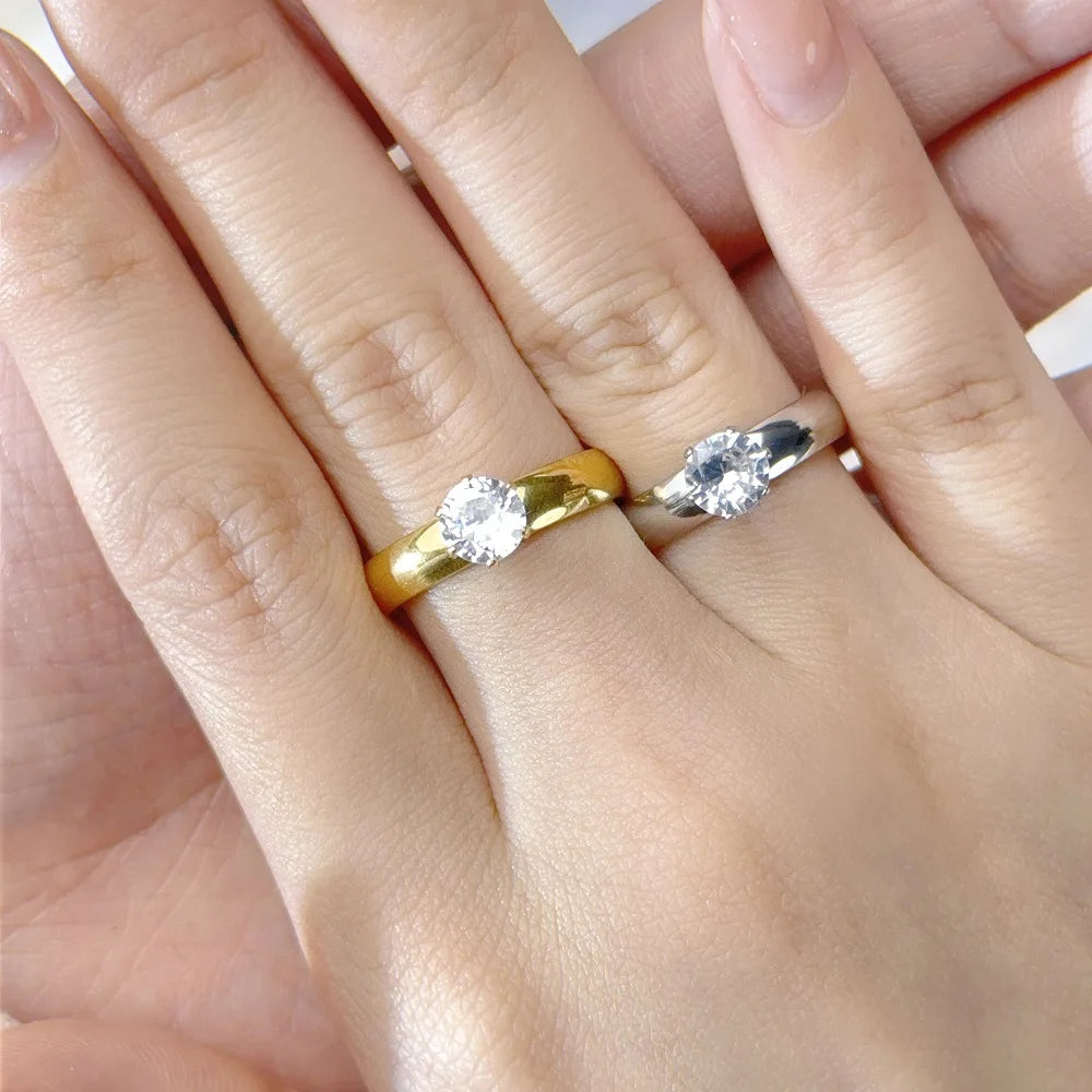 luckacco titanium steel solitaire rings for women men shiny six claws zircon marriage promise ring fashion couple jewelry gifts kbr118