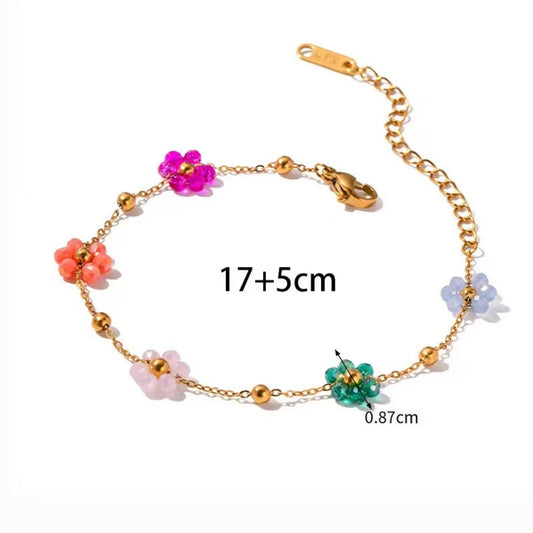 Luckacco Colorful Flower Chain Stainless Steel Necklace Bracelet Set Plating Waterproof Jewelry For Ins Exquisite Jewelry
