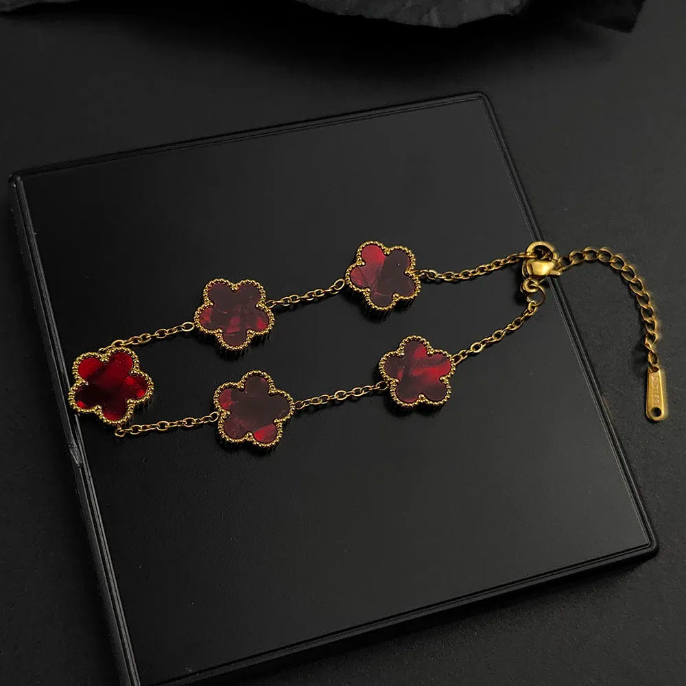 luckacco mussel five-leaf plum blossom stainless steel women's exquisite chain bracelet, 18k gold plated, light luxury, lucky jewelry