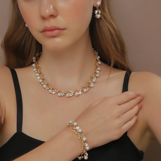 Luckacco 4pcs women's jewelry set with pearl rhinestone necklace, earrings, bracelets, bride's wedding accessories