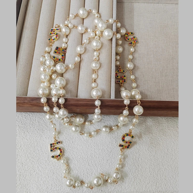 luckacco long pearl letter multi layered tassel sweater chain necklace jewelry for women