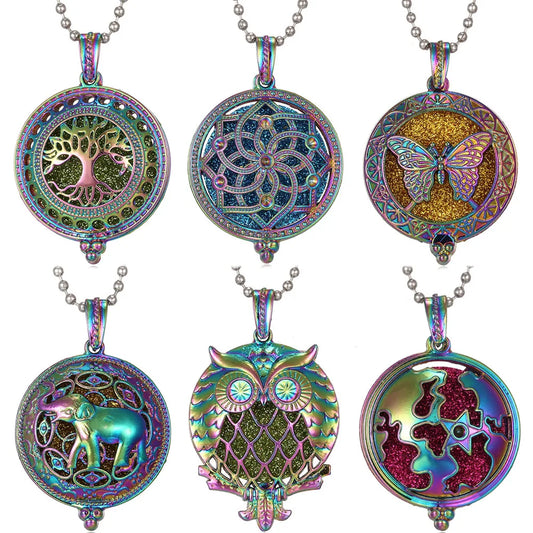 Luckacco New Colorful Aromatherapy Necklace Vintage Flower Butterfly Tree Owl Essential Oil Diffuser Necklace Perfume Lockets Pendants