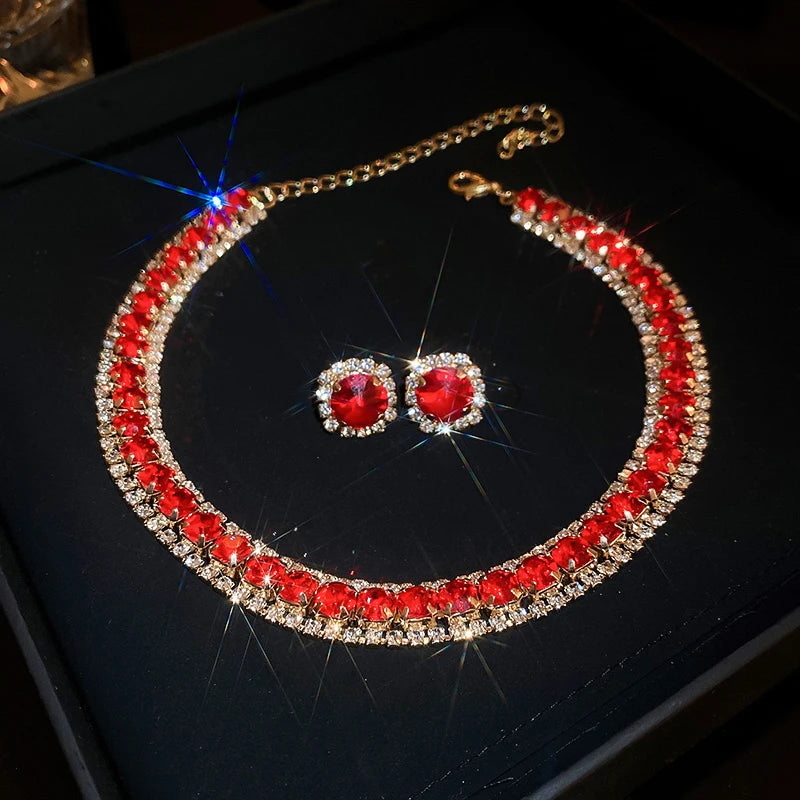 luckacco luxury green rhinestone necklace stud earrings for women crystal choker necklaces ladies fashion weddings banquet jewelry set
