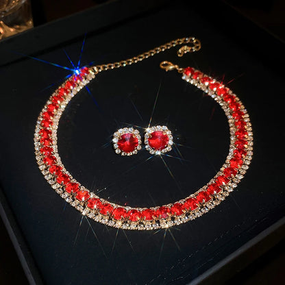 Luckacco Luxury Green Rhinestone Necklace Stud Earrings For Women Crystal Choker Necklaces Ladies Fashion Weddings Banquet Jewelry Set