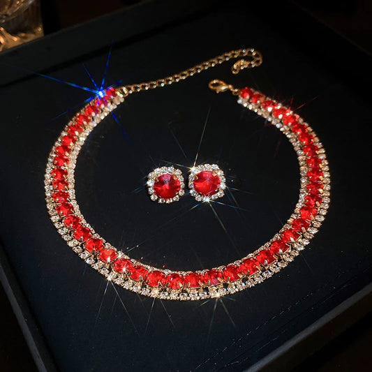 Luckacco Luxury Green Rhinestone Necklace Stud Earrings For Women Crystal Choker Necklaces Ladies Fashion Weddings Banquet Jewelry Set