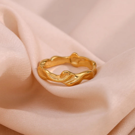 Luckacco Casting Irregular Water Wave Hammered Gold Plated Index Finger Rings For Woman Minimalist Basics Stainless Steel Rings Jewelry
