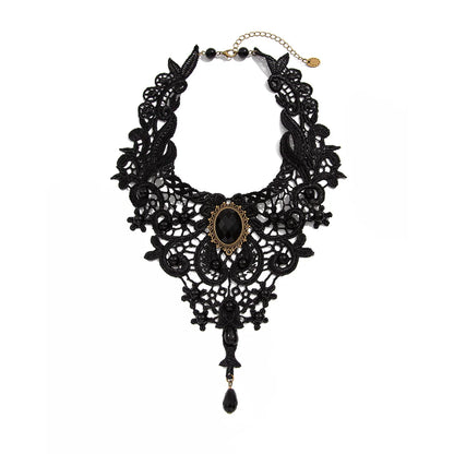 Luckacco Fashion New Vintage Gem Black Lace Bead Necklace Gothic Steampunk Style Stonego Gothic Collar Necklace Pendant