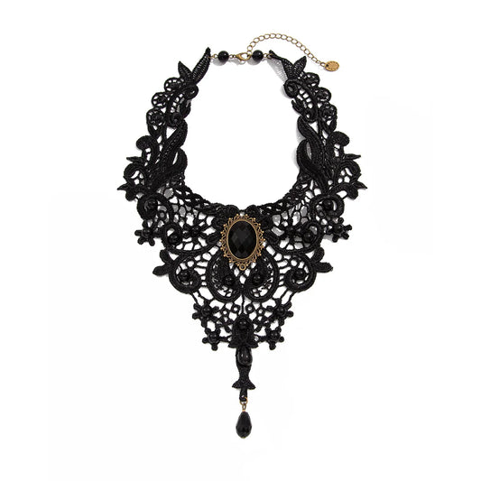 Luckacco Fashion New Vintage Gem Black Lace Bead Necklace Gothic Steampunk Style Stonego Gothic Collar Necklace Pendant