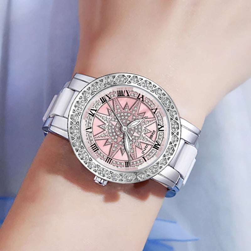 luckacco rotation dial high quality women watches silver 2025 new arrival top brand luxury ladies wrist watches for female clock with box