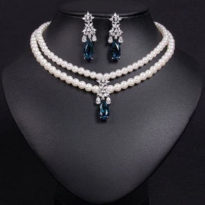 Luckacco Women's Light Luxury Design Imitation Pearl Water Droplet Necklace Earring Set Fashionable And Versatile Niche Design Sense Set
