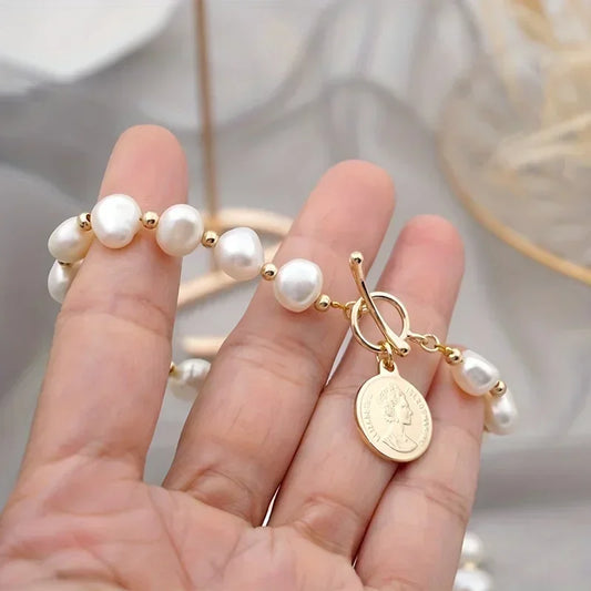 Luckacco DAINASHI 7-8mm Baroque Natural Freshwater Pearl Charm Bracelet for Women OT Clasp Women's Hand Bracelet Jewelry Gifts