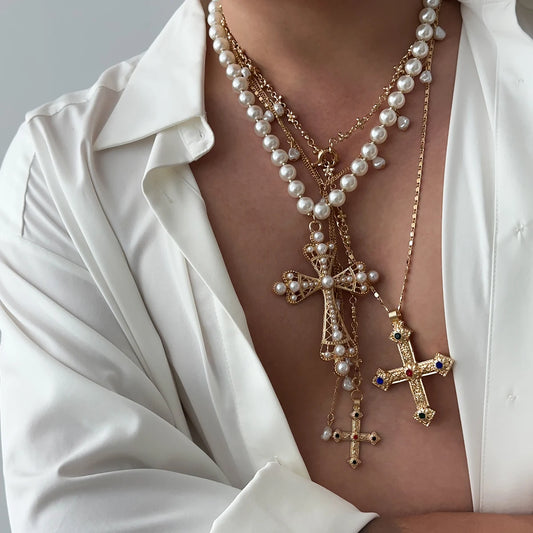 Luckacco Ingemark Vintage Creative Big Imitation Pearl Jesus Cross Pendant Choker Necklace for Men Luxury Adjustable Chain Grunge Jewelry