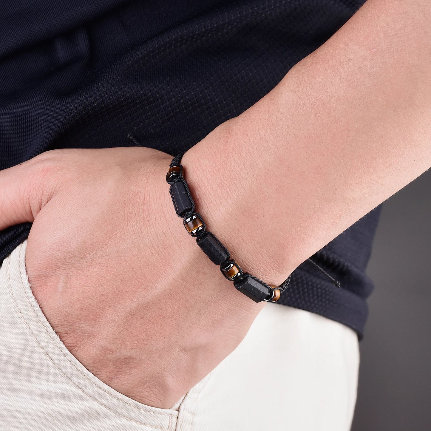 luckacco black tourmaline bracelet tiger eye and hematite protection bracelets for men and women handmade waterproof wax rope braided