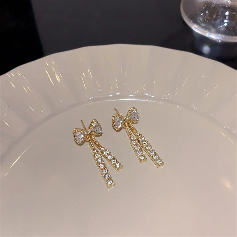 luckacco fashion zircon bow earrings acrylic crystal tassel earrings for women fashion party jewelry trendy accessories gifts