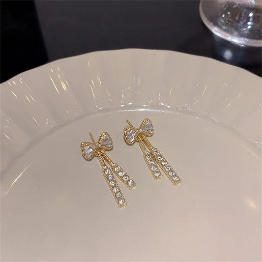Luckacco Fashion Zircon Bow Earrings Acrylic Crystal Tassel Earrings For Women Fashion Party Jewelry Trendy Accessories Gifts