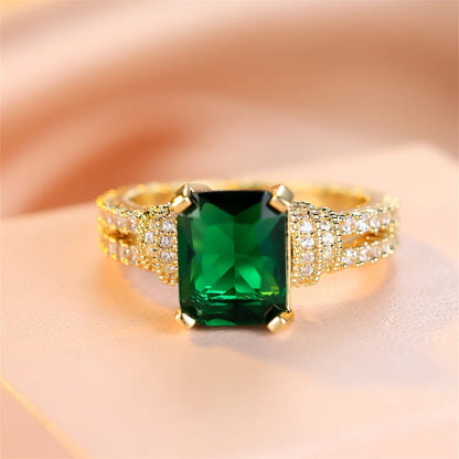 Luckacco Green Crystal Square Stone Engagement Rings For Women Yellow Gold Color Wedding Band Jewelry May Birthstone Mother's Day Gifts