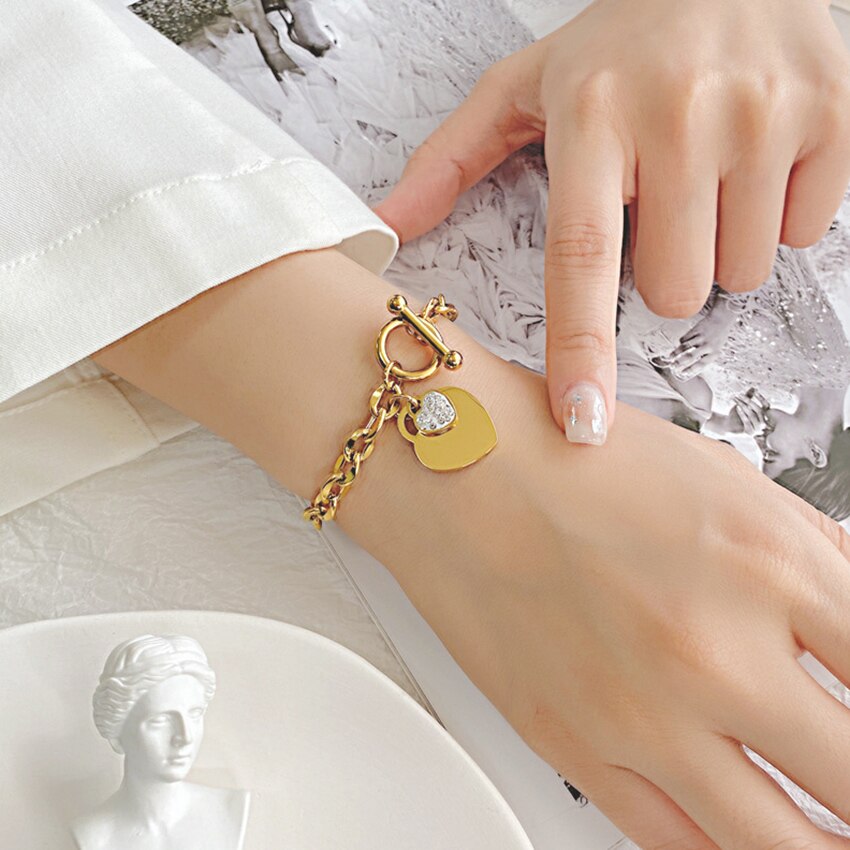 316L Stainless Steel Heart OT Bracelet For Elegant Women 18K Gold Plated Chains Adjust Charm Bracelets Wedding Anniversary Gifts - luckacco