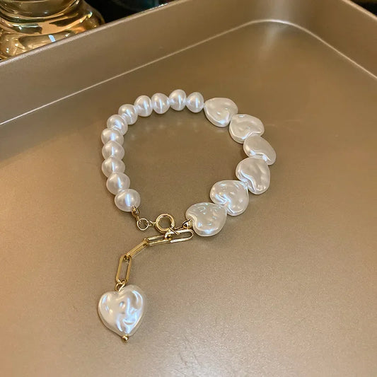 Luckacco Irregularity Multilayer Baroque Pearl Chain Bracelet for Women Wedding Bridal Kpop Luxury Beaded Heart Bracelets Couple Jewelry