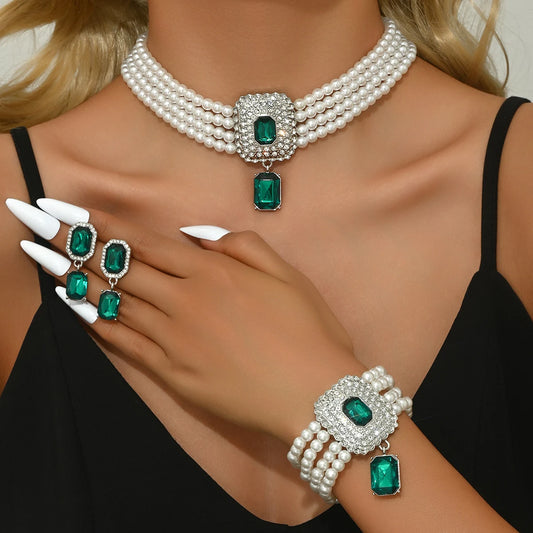 Luckacco Women's Fashion Light Luxury Short Style Imitation Pearl Rhinestone Necklace Earrings Bracelet Jewelry Set Party Festival Gift