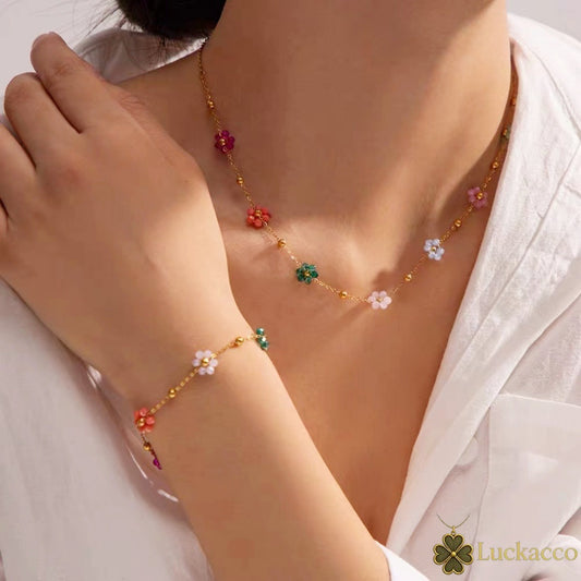 Luckacco Colorful Flower Chain Stainless Steel Necklace Bracelet Set Plating Waterproof Jewelry For Ins Exquisite Jewelry