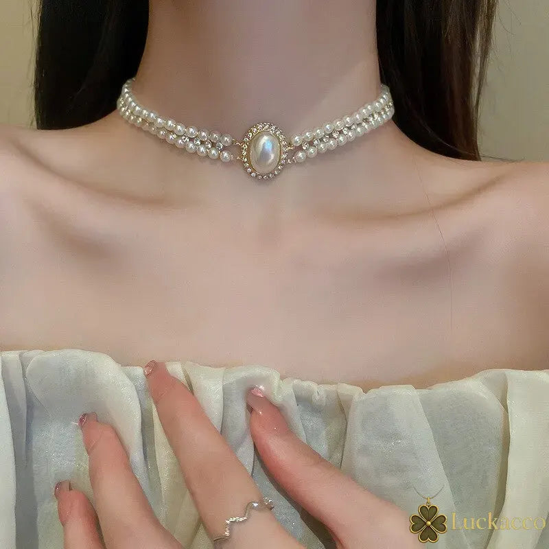 luckacco oval imitation pearl rhinestones double-layered ckokers necklaces for women light luxury temperament fashion jewelry party gifts