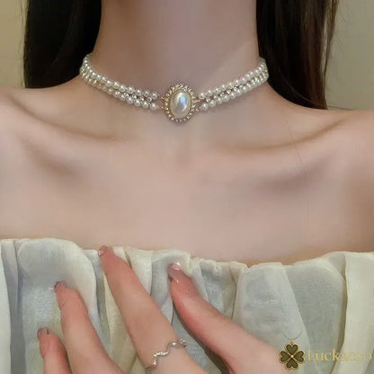 Luckacco Oval Imitation Pearl Rhinestones Double-Layered Ckokers Necklaces for Women Light Luxury Temperament Fashion Jewelry Party Gifts