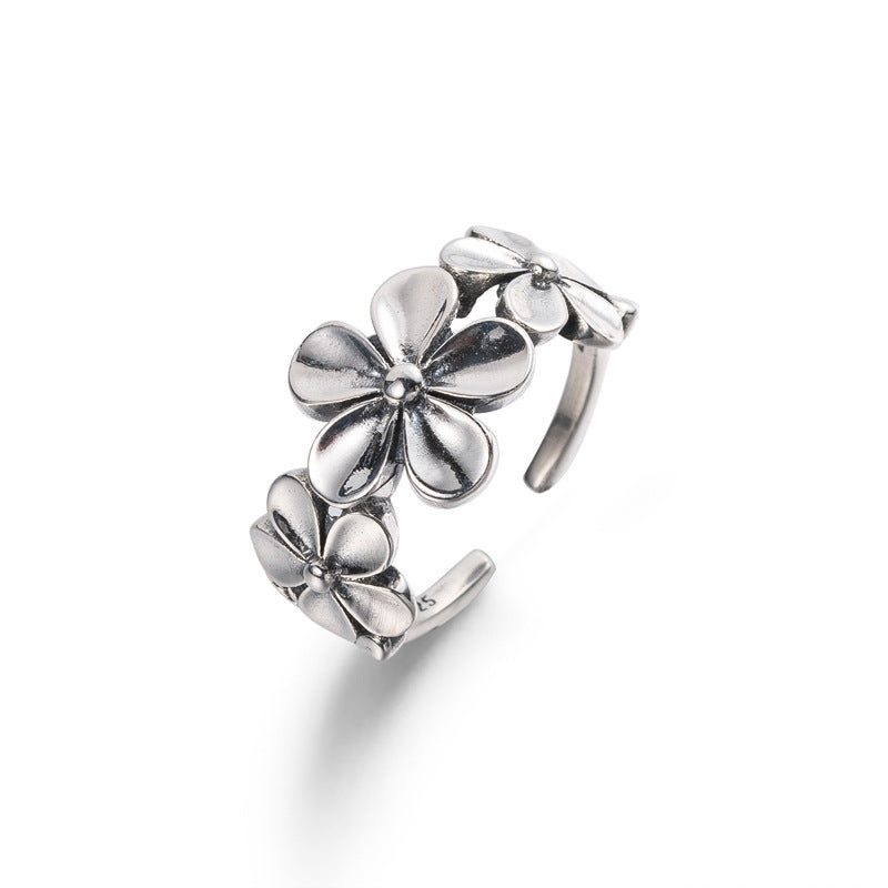 Luckacco S925 Sterling Silver Ring Corean style Thai silver ring female flower simple retro adjustable engagement ring - luckacco