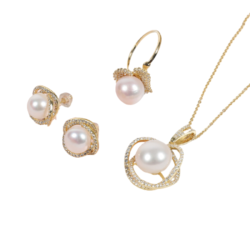 Natural and simple three piece set (pearl earring + pearl Necklace + pearl ring): 9-11mm white transparent pink pearl + sterling 925 silver accessories - Pearl jewelry sets: pearl necklace, p