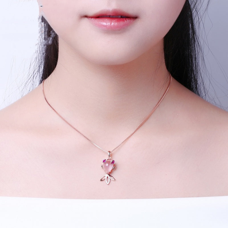 Luckacco Korean necklace with rose gold plated natural Hibiscus stone powder crystal small goldfish women's Pendant clavicle chain - Fashion necklace - Luckacco Jewelry and Watch Store