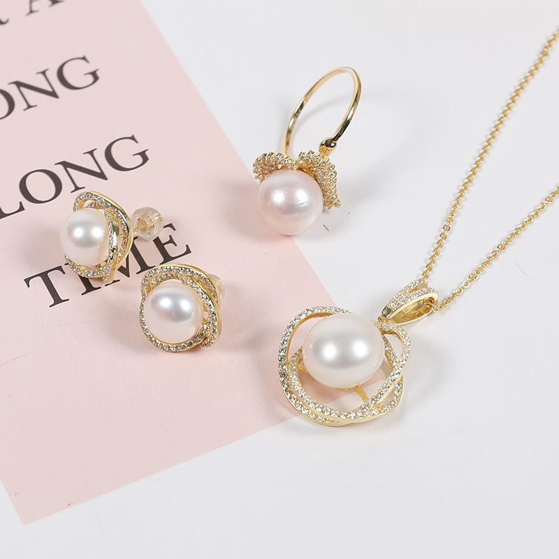 Natural and simple three piece set (pearl earring + pearl Necklace + pearl ring): 9-11mm white transparent pink pearl + sterling 925 silver accessories - Pearl jewelry sets: pearl necklace, p