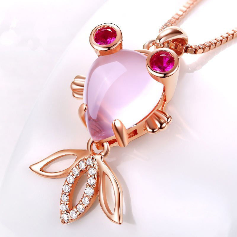 Luckacco Korean necklace with rose gold plated natural Hibiscus stone powder crystal small goldfish women's Pendant clavicle chain - Fashion necklace - Luckacco Jewelry and Watch Store