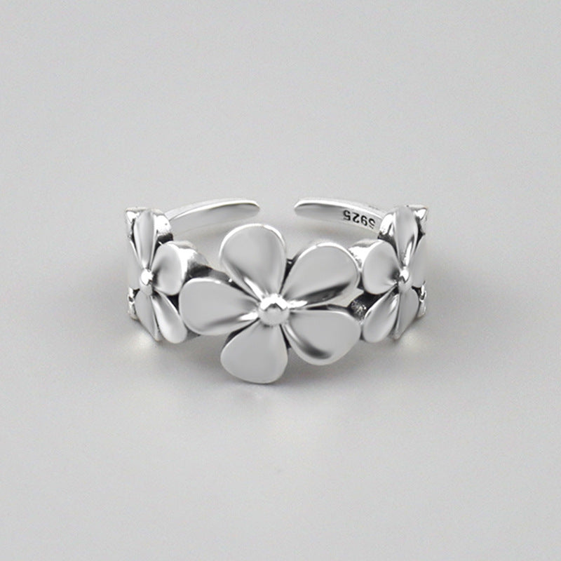 Luckacco S925 Sterling Silver Ring Corean style Thai silver ring female flower simple retro adjustable engagement ring - luckacco