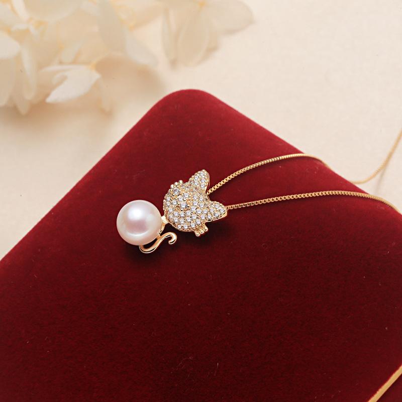 freshwater ak pearl pendant of rabbit S925 pure silver plated pearl necklace plus with 18K gold chain - Pearl necklace - Luckacco Jewelry and Watch Store