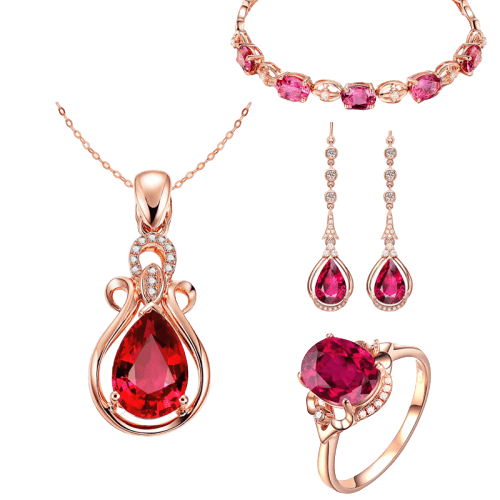 Jewelry set of Tourmaline Pendant Necklace + Pink Crystal Bracelet + Pink Crystal Ring + Ruby Earring - Jewelry set of necklace, bracelet, ring, earring - Luckacco Jewelry and Watch Store